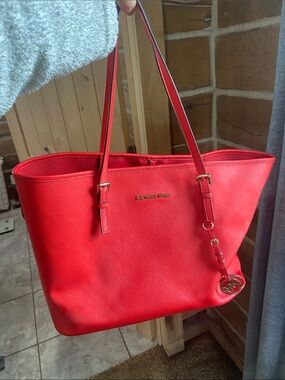 Michael Kors Bright Red Leather Tote with Gold Charm